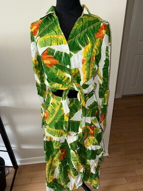 Cynthia Rowley Green White Tropical Leaf Tie-Waist Skirt Set